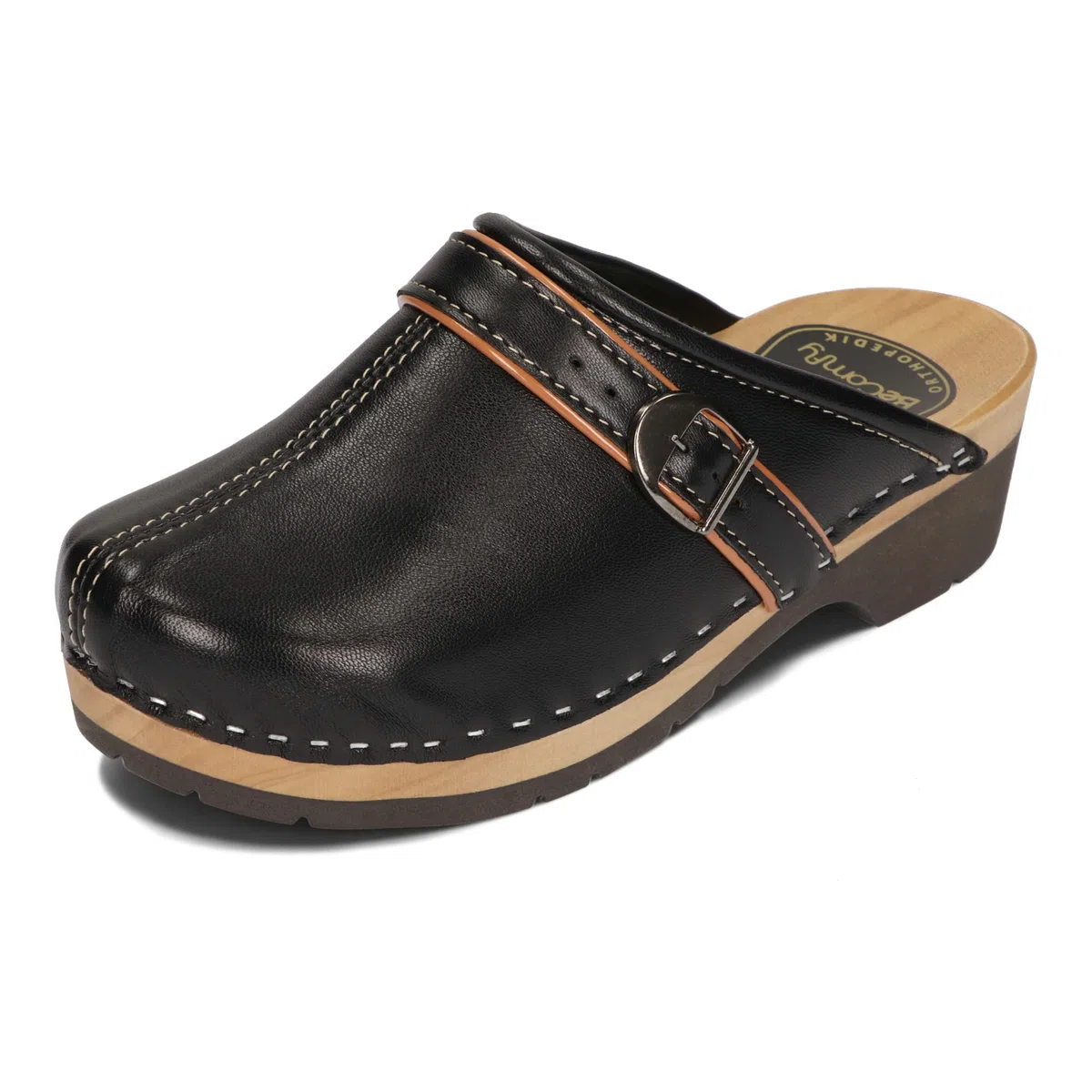 BeComfy Sabots en Cuir pour Femmes avec Semelle en Bois Noir Bleu 35-41 EU