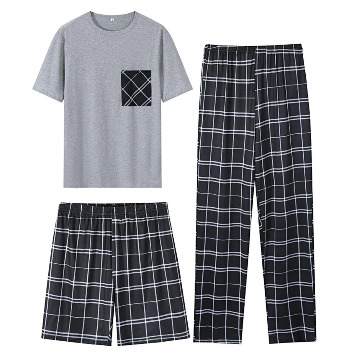 Générique Pyjama Homme Ete Ensemble 3 Pièces Tee Shirt Manches Courtes Pantalon Long Short Carreaux Gris Noir Blanc Confortable Respirant Cadeau Aid Homme pour Maison Été Quotidien