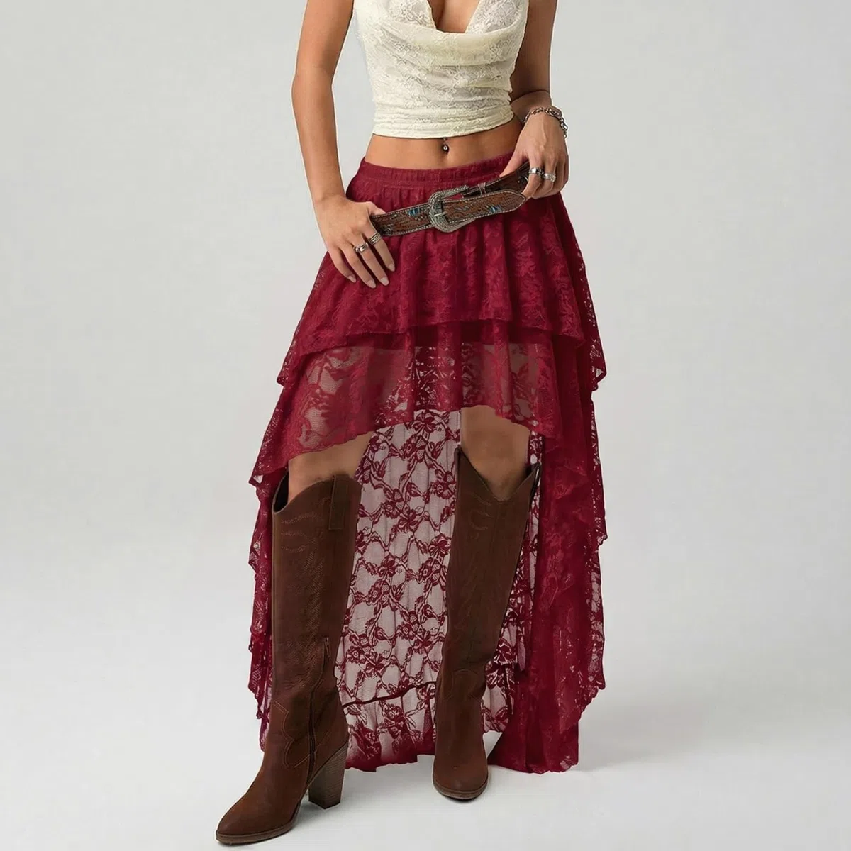 Générique Jupe Longue à Volants en Dentelle et Tulle superposés pour Femme, Coupe trapèze, Style bohème, Ourlet Tendance, idéale pour Les Sorties. (Burgundy,TG)