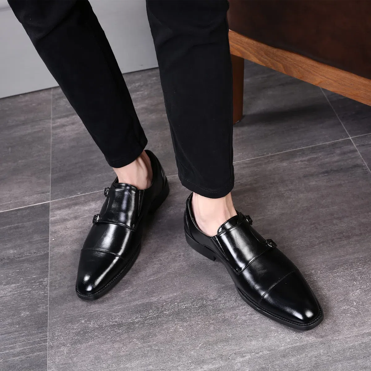 ANUFER Gentilhomme Intelligent Cap Orteil Double Boucle Chaussures de Moine Faux Cuir Formel Chaussures Habillées
