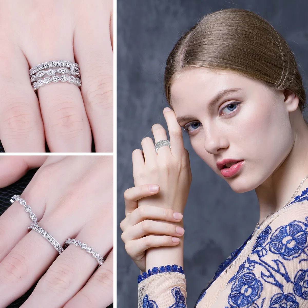 JewelryPalace 3 Éternité Band Empilable Zircone Cubique Bague Femme Argent 925, Marquise Lot de Bague de Fiançailles Femme Plaqué Or Jaune Or Rose, Infini Bagues Mariage Promise Alliance, Bijoux Femme