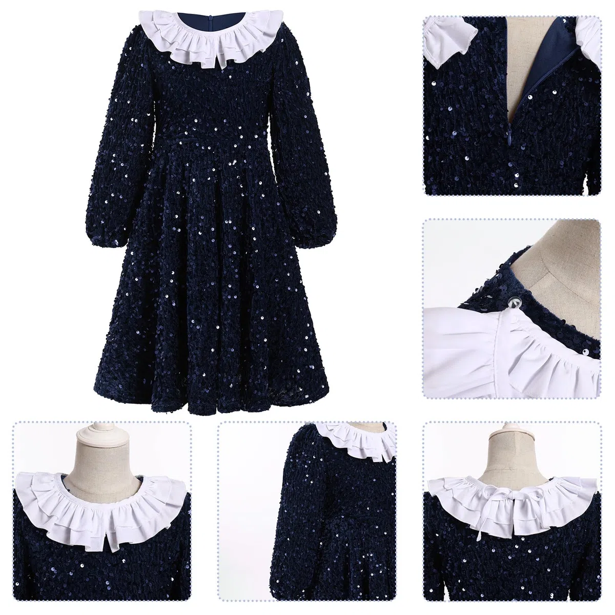 Odizli Robe de Noël pour fille - Automne - Hiver - Manches longues - Ruffle - Paillettes - Ligne A - Robe midi en velours