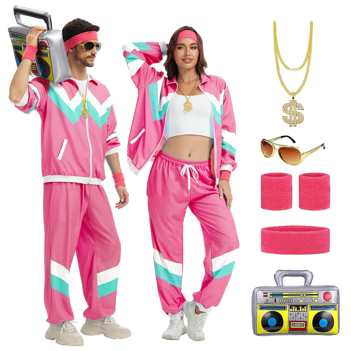Tenue des années 80 et 90 pour homme et femme - Survêtement rétro des années 80 - Veste - Pantalon - Avec chaîne dorée - Radio gonflable - Pour carnaval