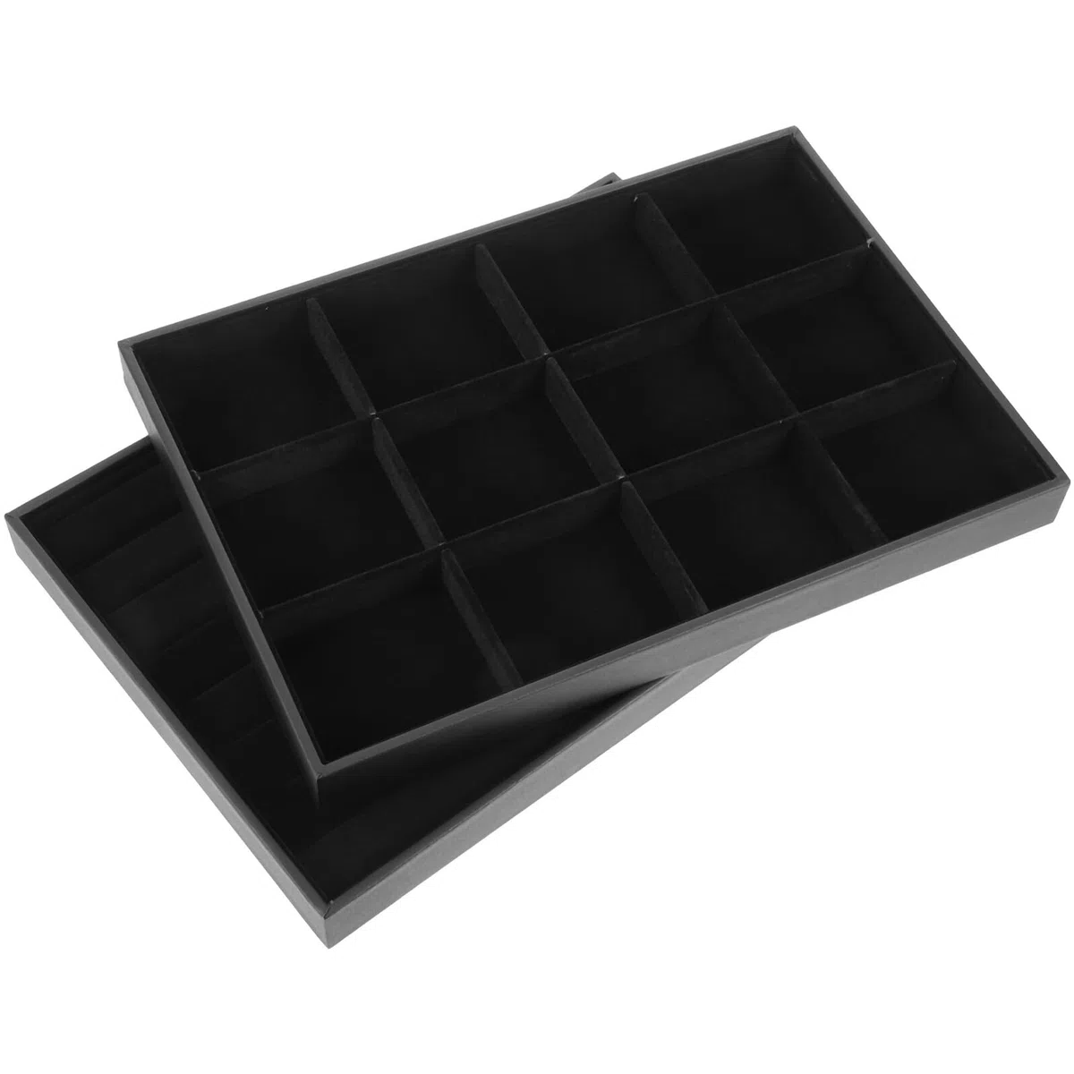 Lurrose Plateaux à Bijoux en Flanelle Noire, 12 Compartiments Rembourrés pour Rangement Léger de Bagues et Bracelets, pour Maison et Boutiques, Lot de 2 Pièces