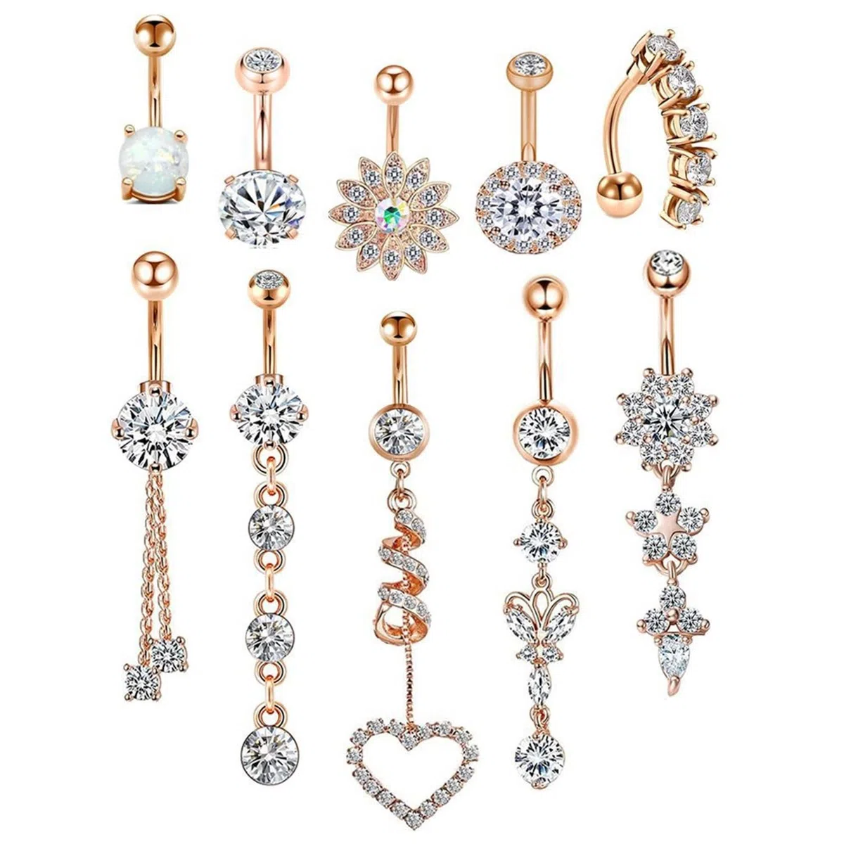 Piercing Nombril Anneau, Percing au Nombril Inoxydable 14G 10 Pièces Zircon Cubique Fleurs et Pendentifs Cercle Action de Grâces