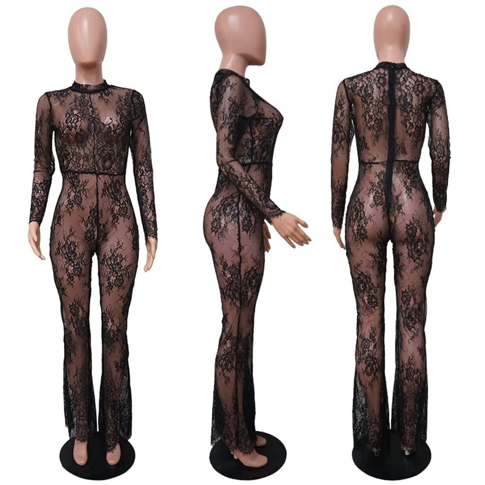 Combinaison Transparente En Dentelle Sexy Pour Femmes Jumpsuit À Manches Longues Party Nightclub Pantalon Long Combishort En Maille Moulante Transparente