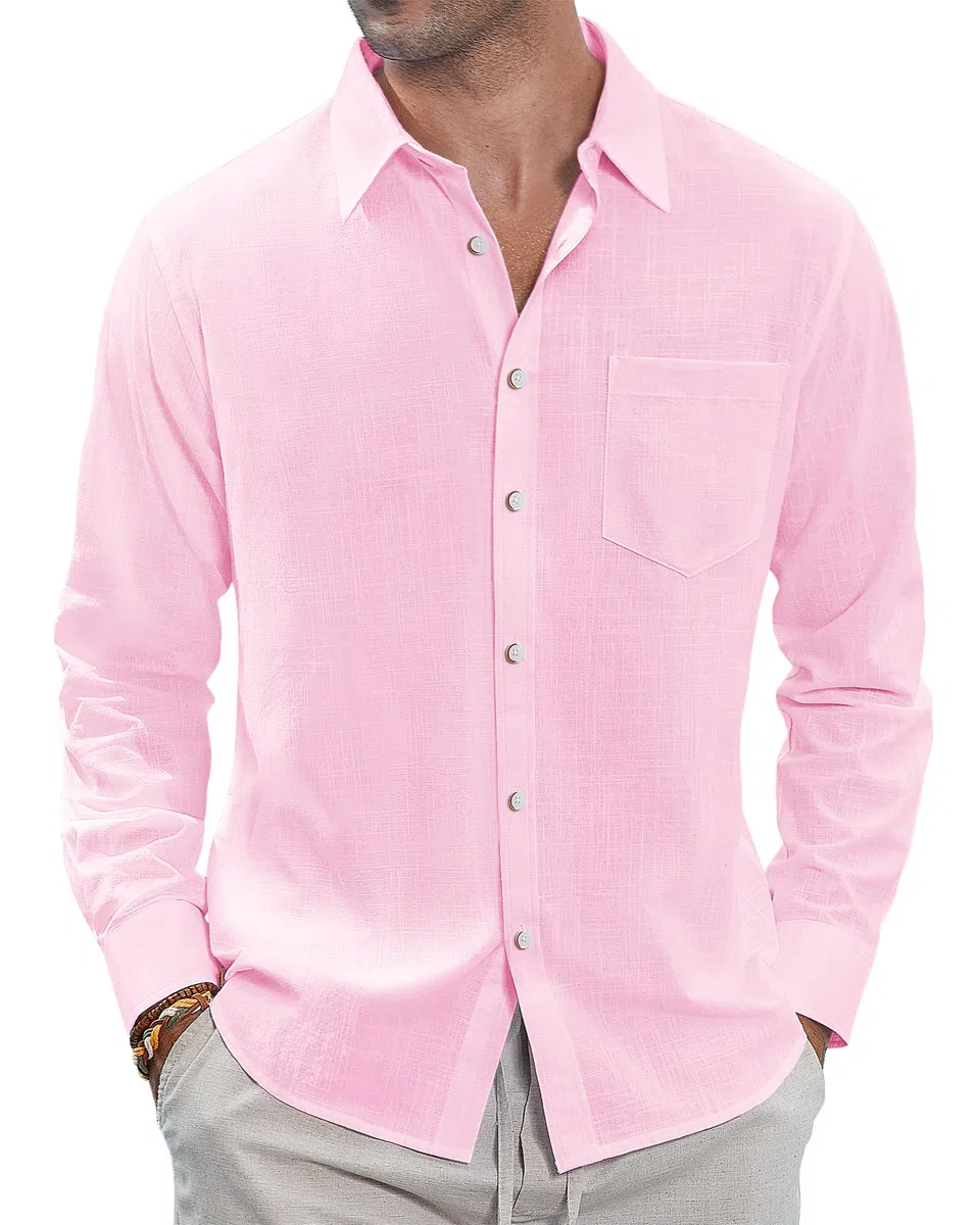 J.VER Chemise boutonnée en lin et coton pour homme - Légère et décontractée - Pour mariage - Haut d'été à manches longues avec poche