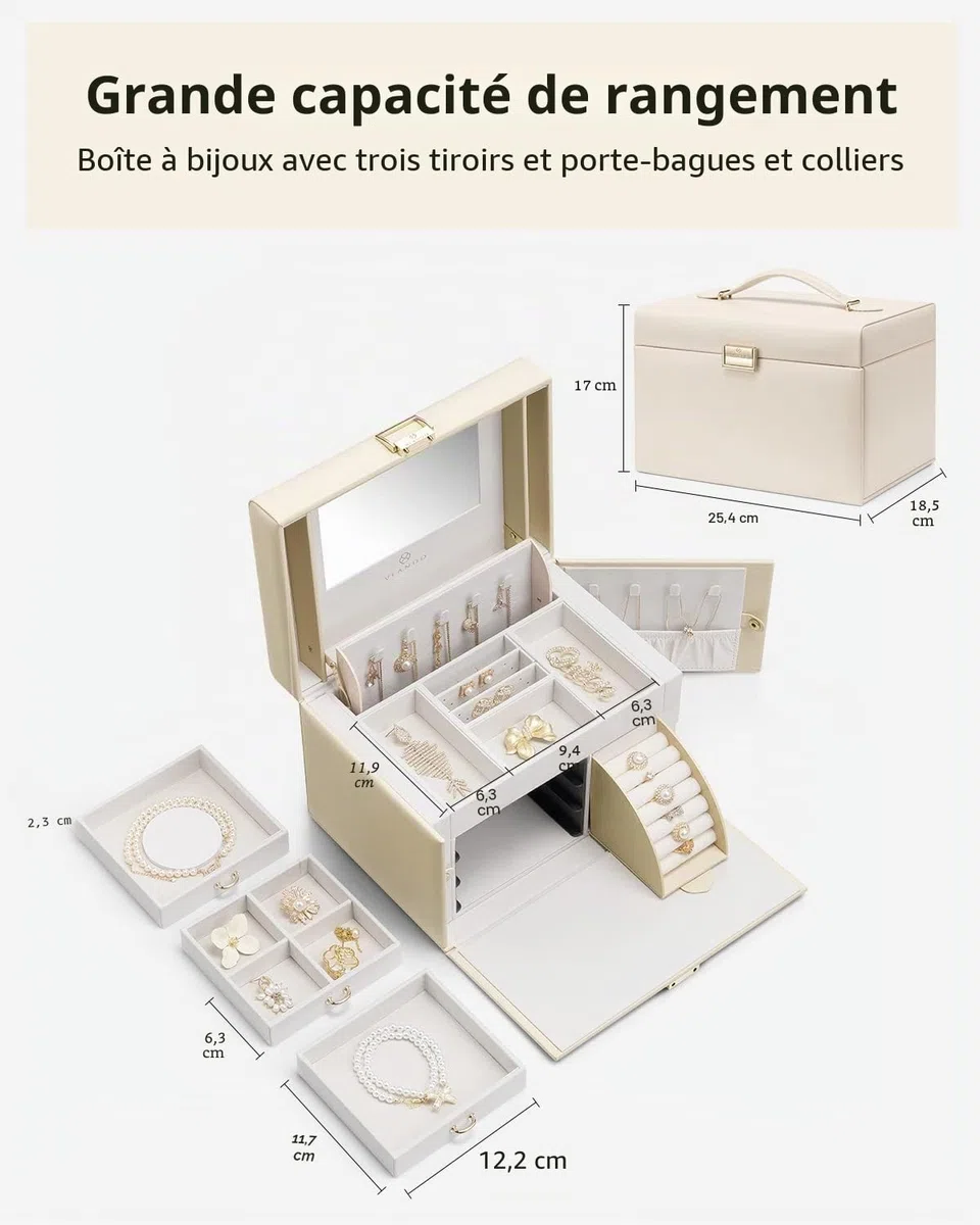 Vlando Grande boîte à bijoux baroque avec miroir, tiroirs pour bracelets, boucles d'oreilles, bagues, colliers, cadeau de fête des mères pour un être cher, blanc abricot