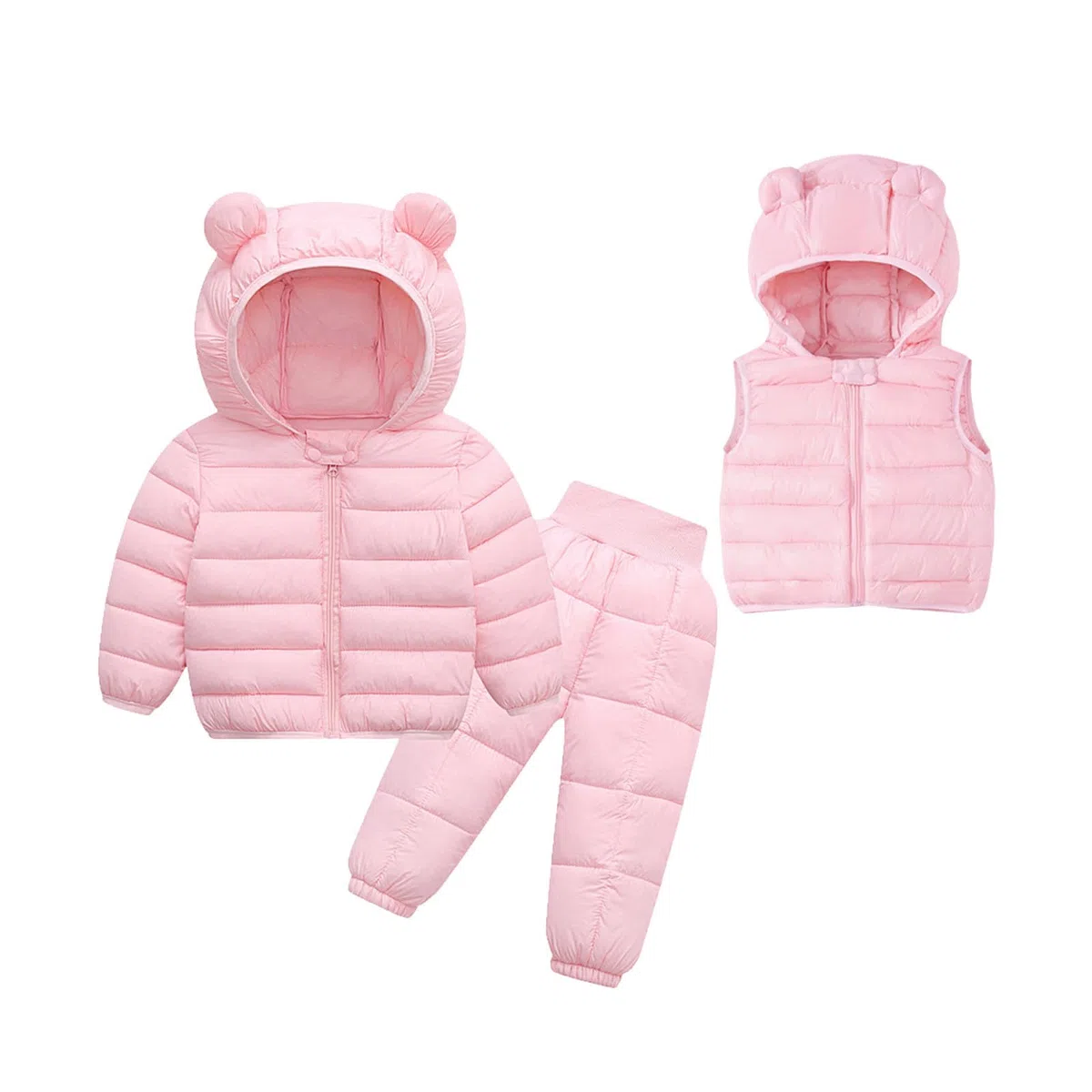 Ensemble Bebe Fille 6 Mois a 4 Ans Manteau Fille Hiver Chaud Epais Doudoune Fille Legere matelassée Veste à Capuche Oreilles Ours Parka Rembourré Blouson enfnat Fille + Gilet zippé + Pantalon