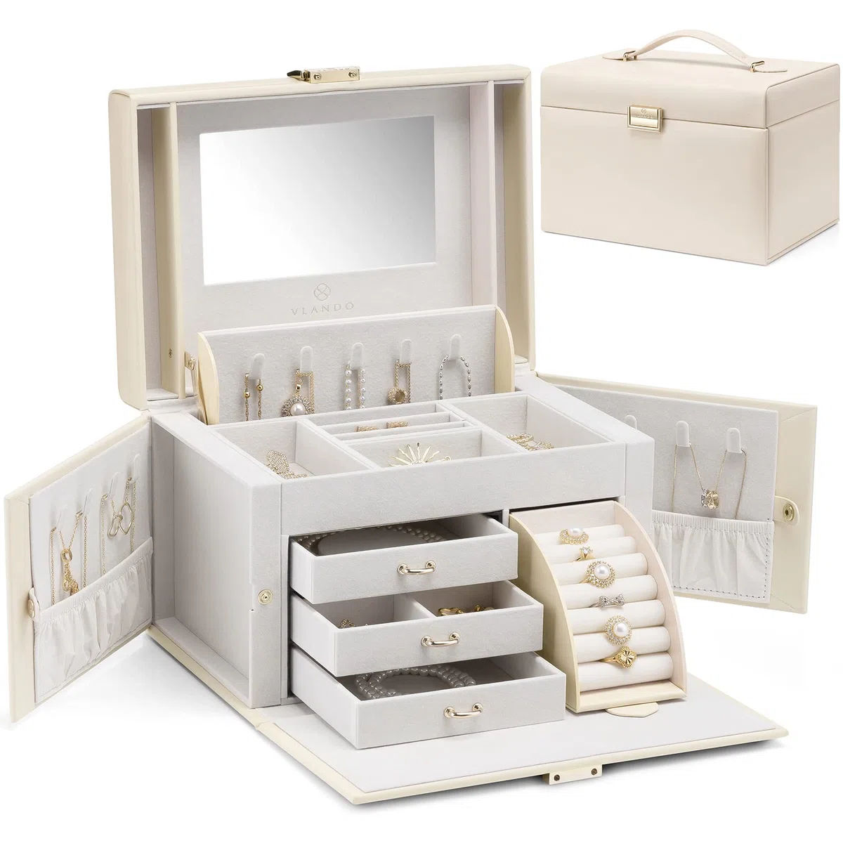 Vlando Grande boîte à bijoux baroque avec miroir, tiroirs pour bracelets, boucles d'oreilles, bagues, colliers, cadeau de fête des mères pour un être cher, blanc abricot