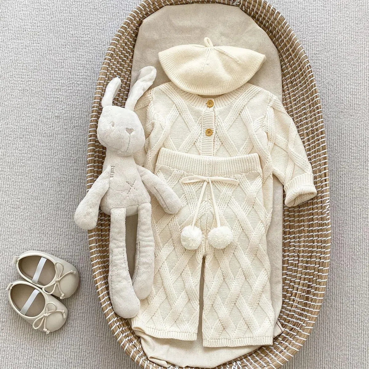 Ensemble Tenue en Tricot Bébé Fille 2 PCS Vêtement Hiver Tricoté Cardigan Boutonné + Pantalon à Taille Haute avec Pompon pour Tout-petit 0 à 4 Ans