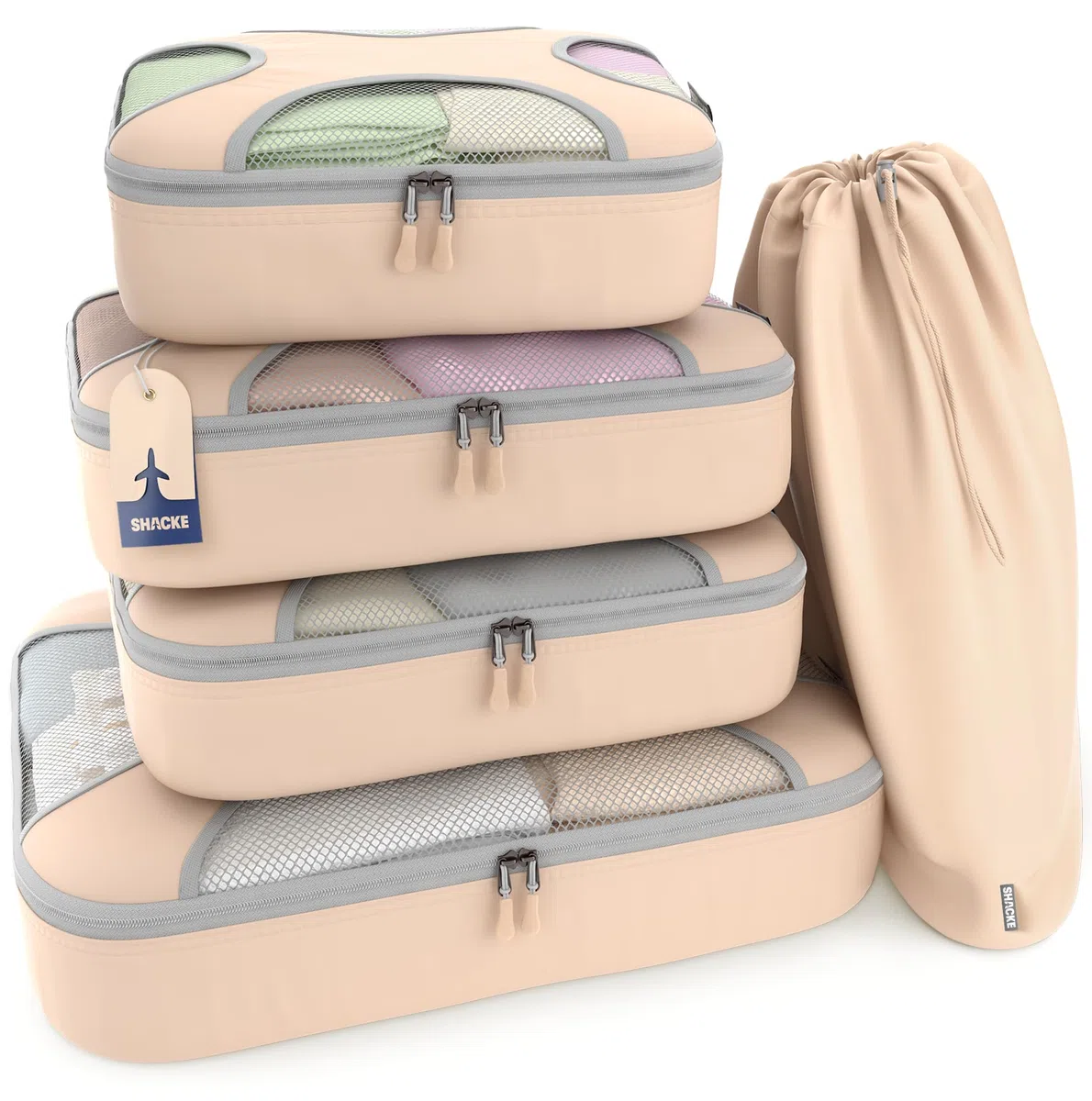 Shacke - Lot de 5 cubes de voyage légers pour organisation de bagages (beige neutre)