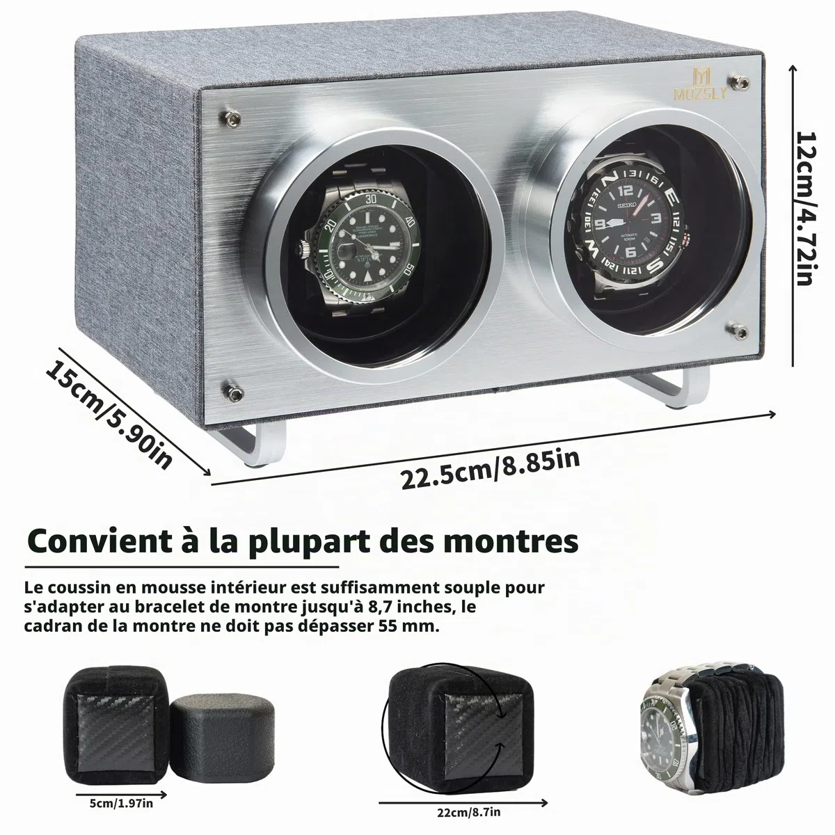 MOZSLY Remontoir de montre double pour montres automatiques moteur silencieux en cuir PU, gris, MOZSLY Remontoir double pour montres automatiques avec moteur silencieux