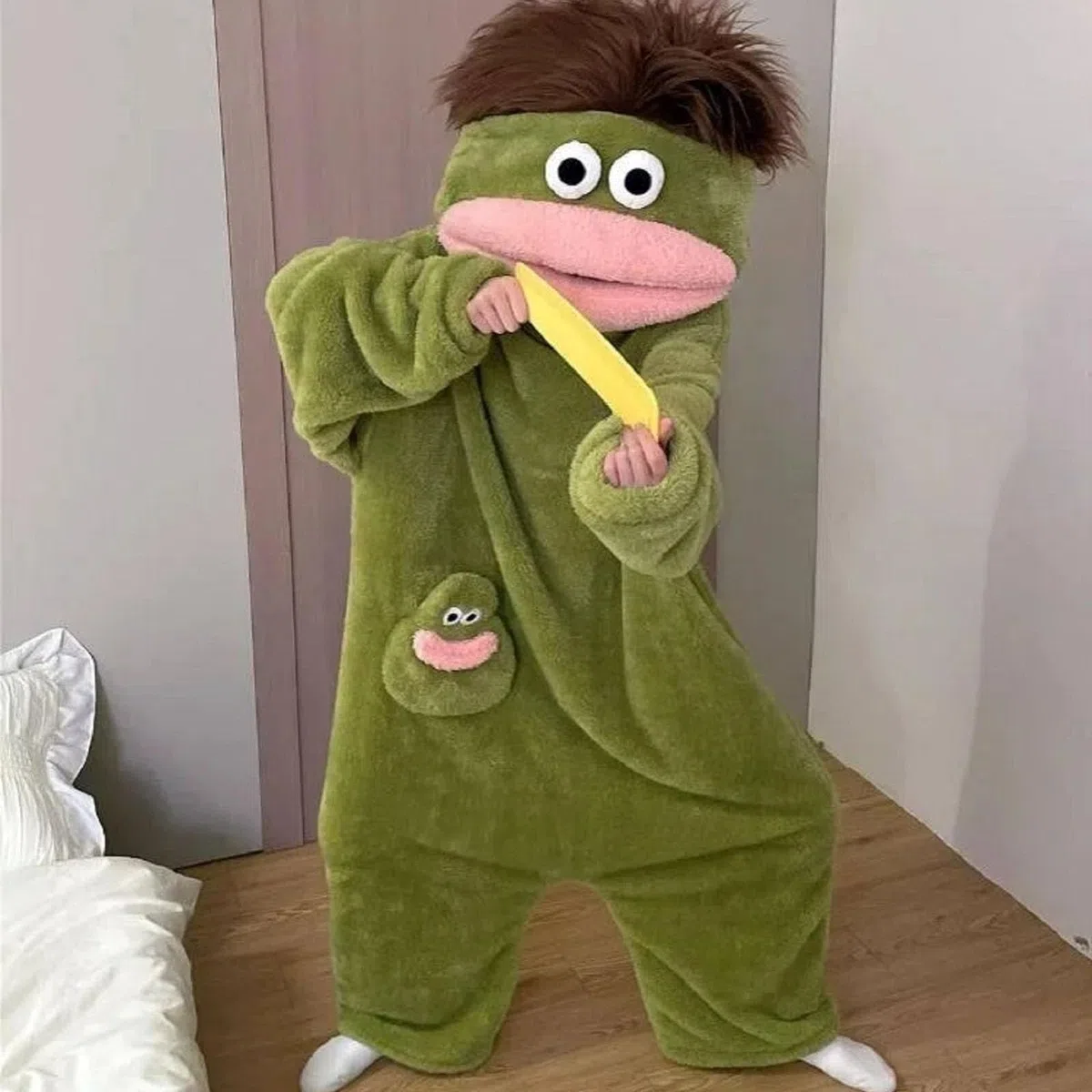 Silly Onesie Sweat à capuche amusant en polaire ultra douce pour la maison Motif monstre vert