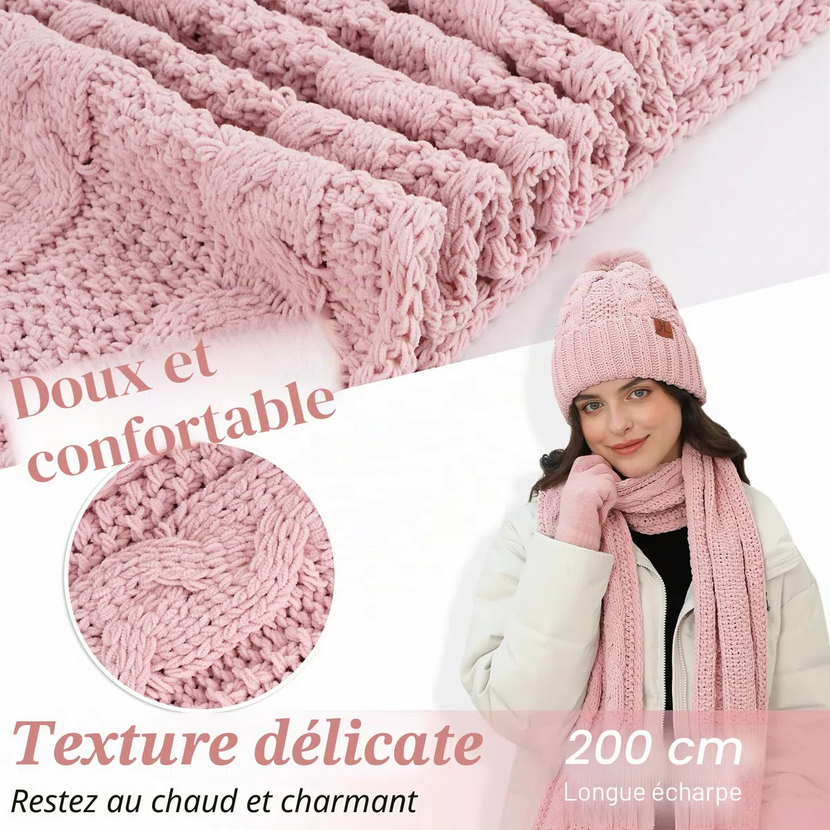 ZASFOU Femme Hiver Bonnet Chapeau Foulard Écran Tactile Gants Ensemble Chenille Pompon Tricot Polaire Doublé Casquette Écharpe Gant Cadeaux pour Femmes