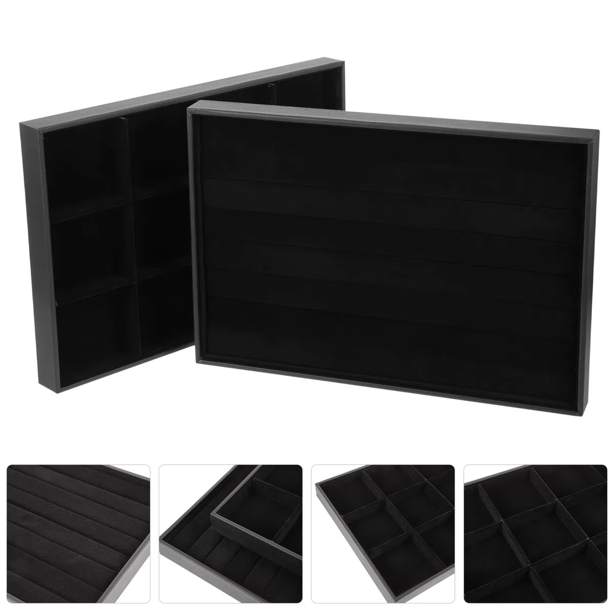 Lurrose Plateaux à Bijoux en Flanelle Noire, 12 Compartiments Rembourrés pour Rangement Léger de Bagues et Bracelets, pour Maison et Boutiques, Lot de 2 Pièces