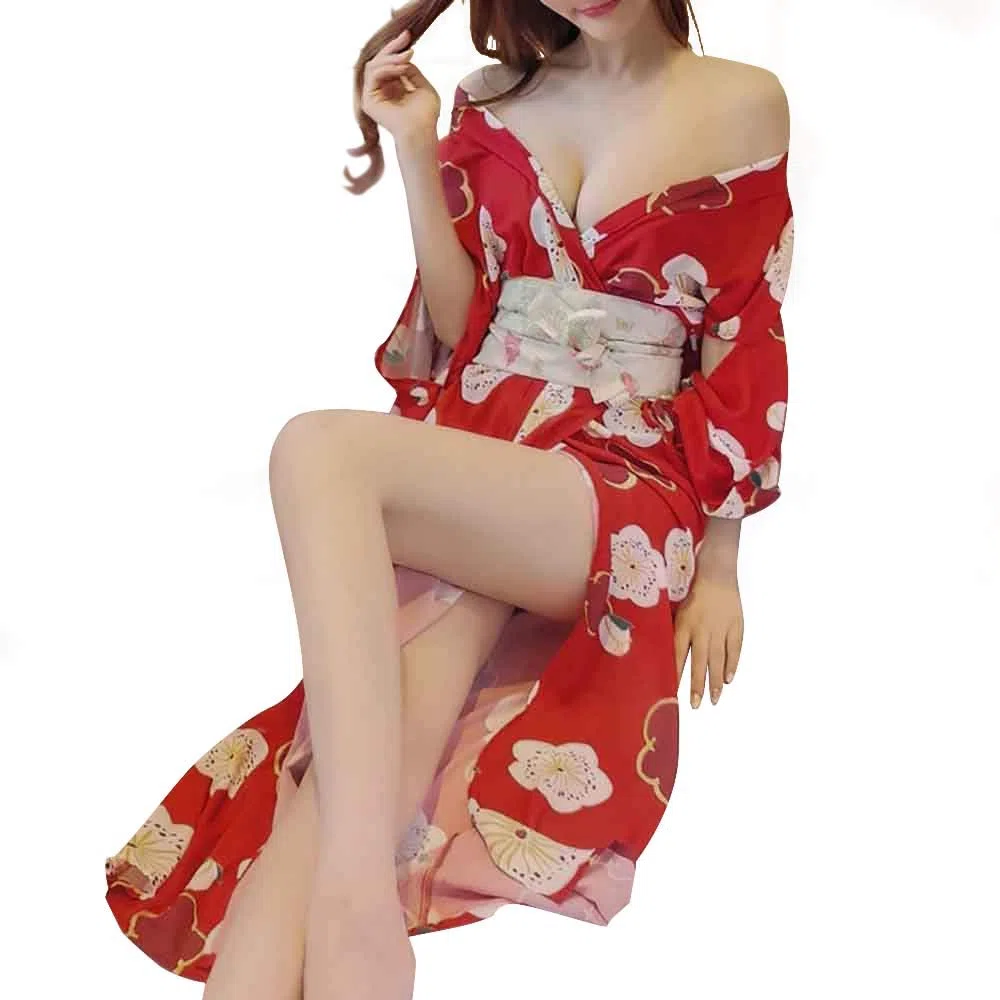 Robe kimono Yukata sexy en satin avec motif Sakura pour femme, robe de bain traditionnelle pour cosplay, robe longue