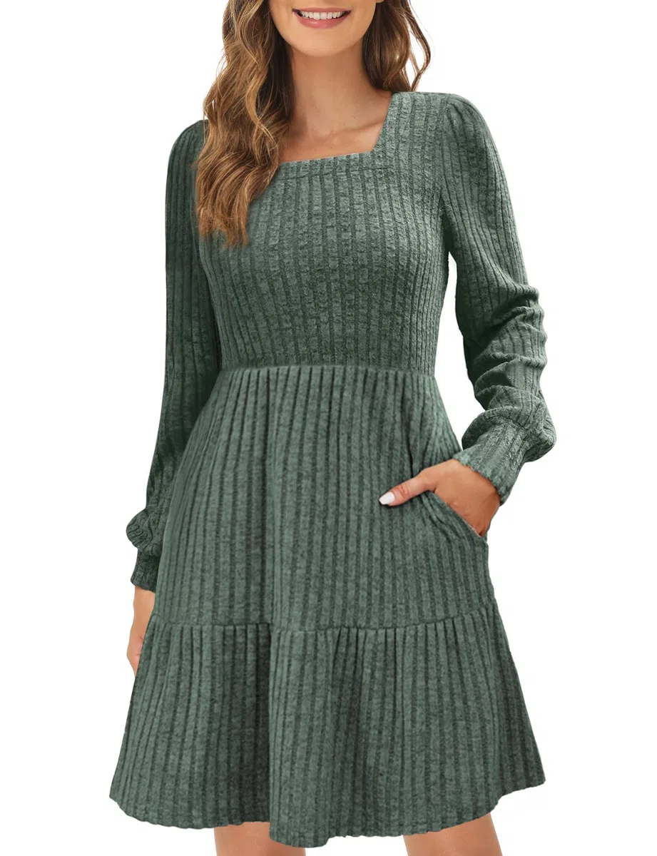 ZENUTA Robe pull à col carré à manches longues en tricot décontracté avec poches pour femmes hiver 2025