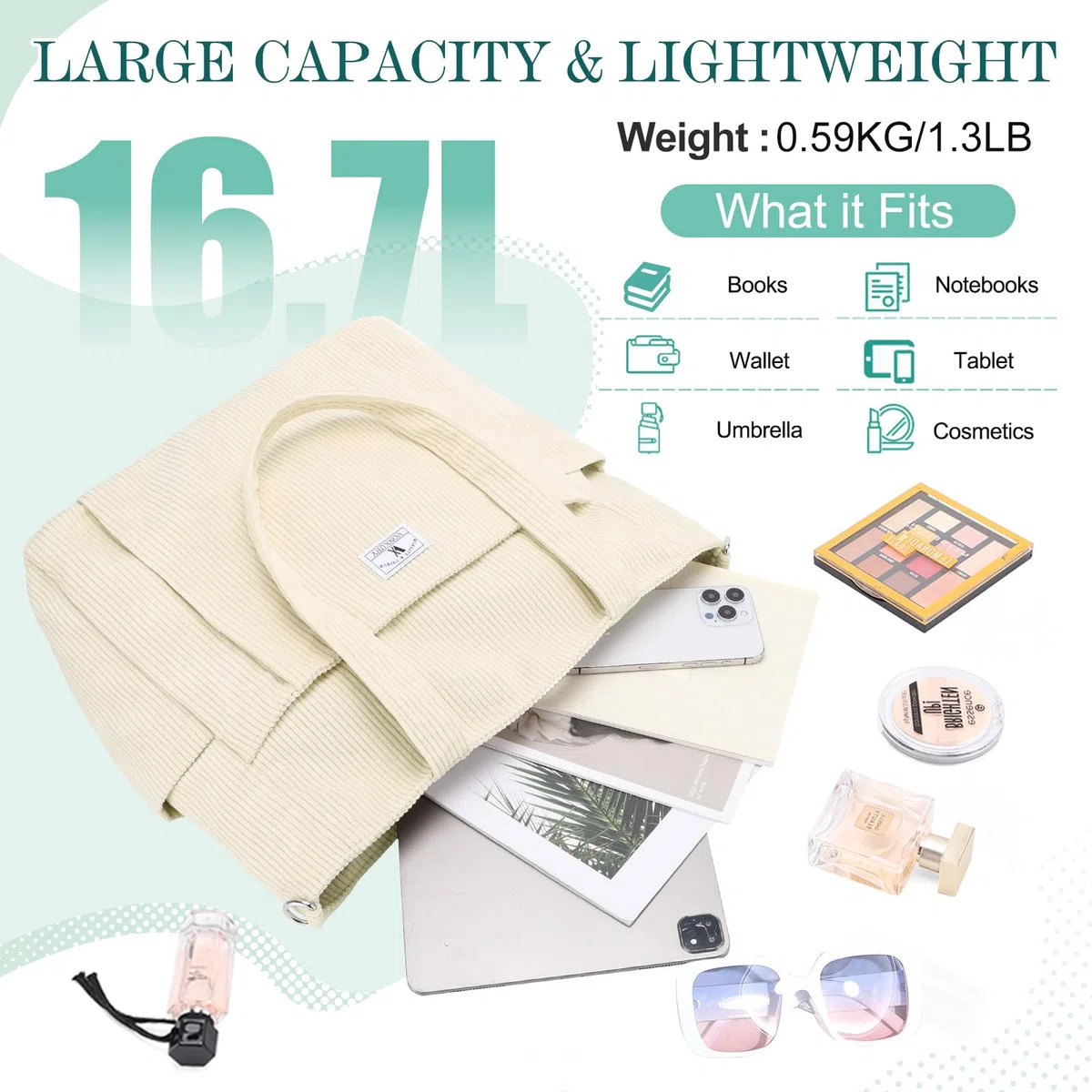 VX VONXURY Sac Cabas Femme Velours Côtelé Sac a Main Femme avec Multi-Poches Sac Bandoulière avec Sangle Réglable pour Travail Voyage Université