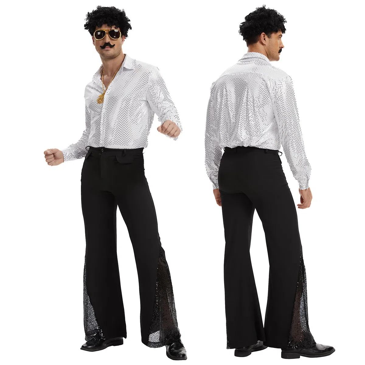 Costume hippie disco pour adultes - Tenue rétro années 70-80 avec chemise, pantalon, perruque afro, collier, lunettes de soleil et autocollant pour barbe