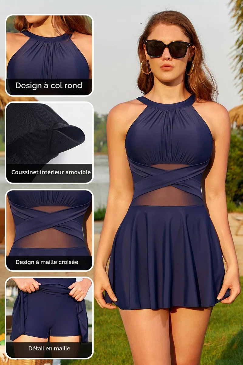 SHEKINI Maillot de Bain Une Pièce Femme - Col Rond Coupe Ajustée Maille Ajourée Maillot de Bain Jupette