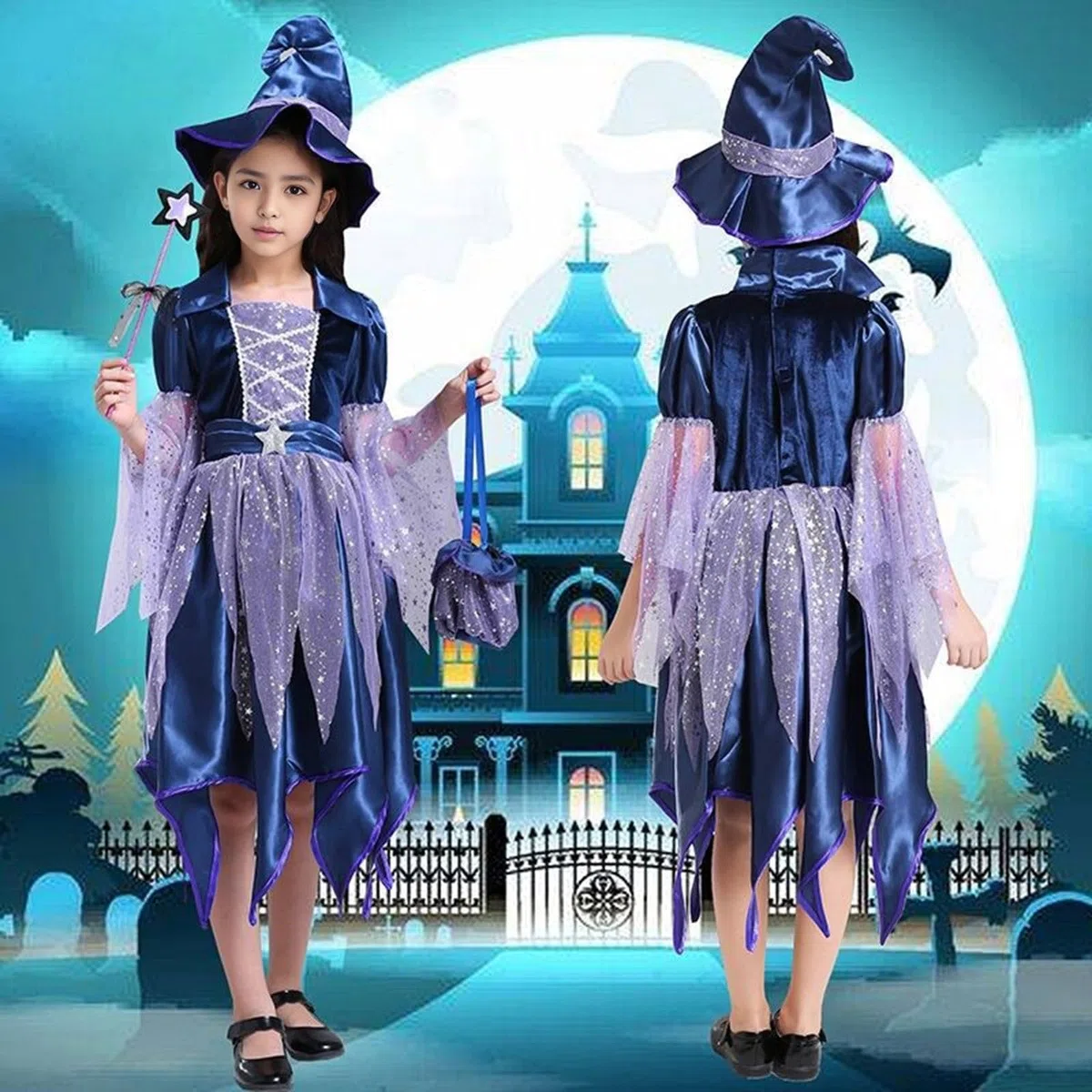 Ensemble Enfant, Enfants Halloween Cosplay Scène Jouer Performance Robe Chapeau Sac Bâton Quatre Pièces Tenues Pour Enfants Vêtements, Style Oversize Tendance
