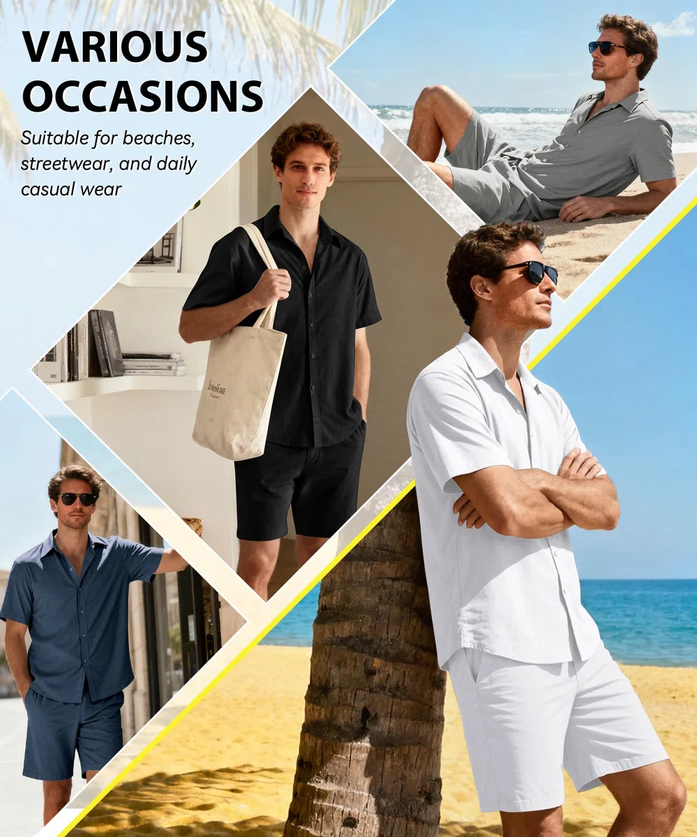 SHEKINI Pyjama 2 pièces en coton pour homme - Manches courtes boutonnées et short léger - Respirant et confortable - Convient pour l'été, les loisirs et la plage, la détente, les tenues décontractées