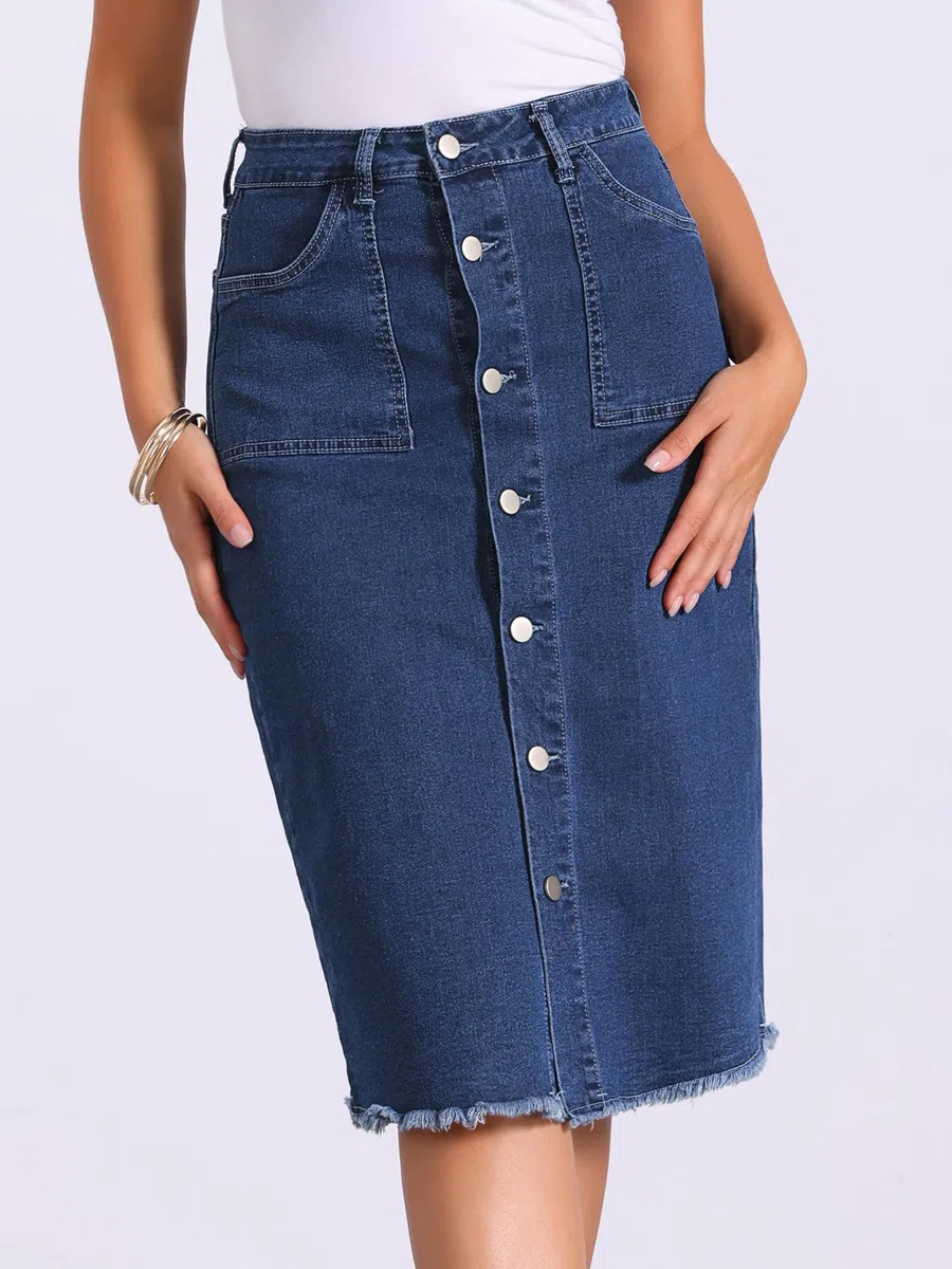 Allegra K Femme Jupe Jean Midi Taille Haute avec Poches | Boutonnée devant Ourlet Effiloché Silhouette Polyvalente pour le Quotidien Sorties Plage Week End