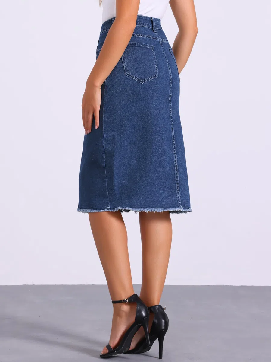 Allegra K Femme Jupe Jean Midi Taille Haute avec Poches | Boutonnée devant Ourlet Effiloché Silhouette Polyvalente pour le Quotidien Sorties Plage Week End