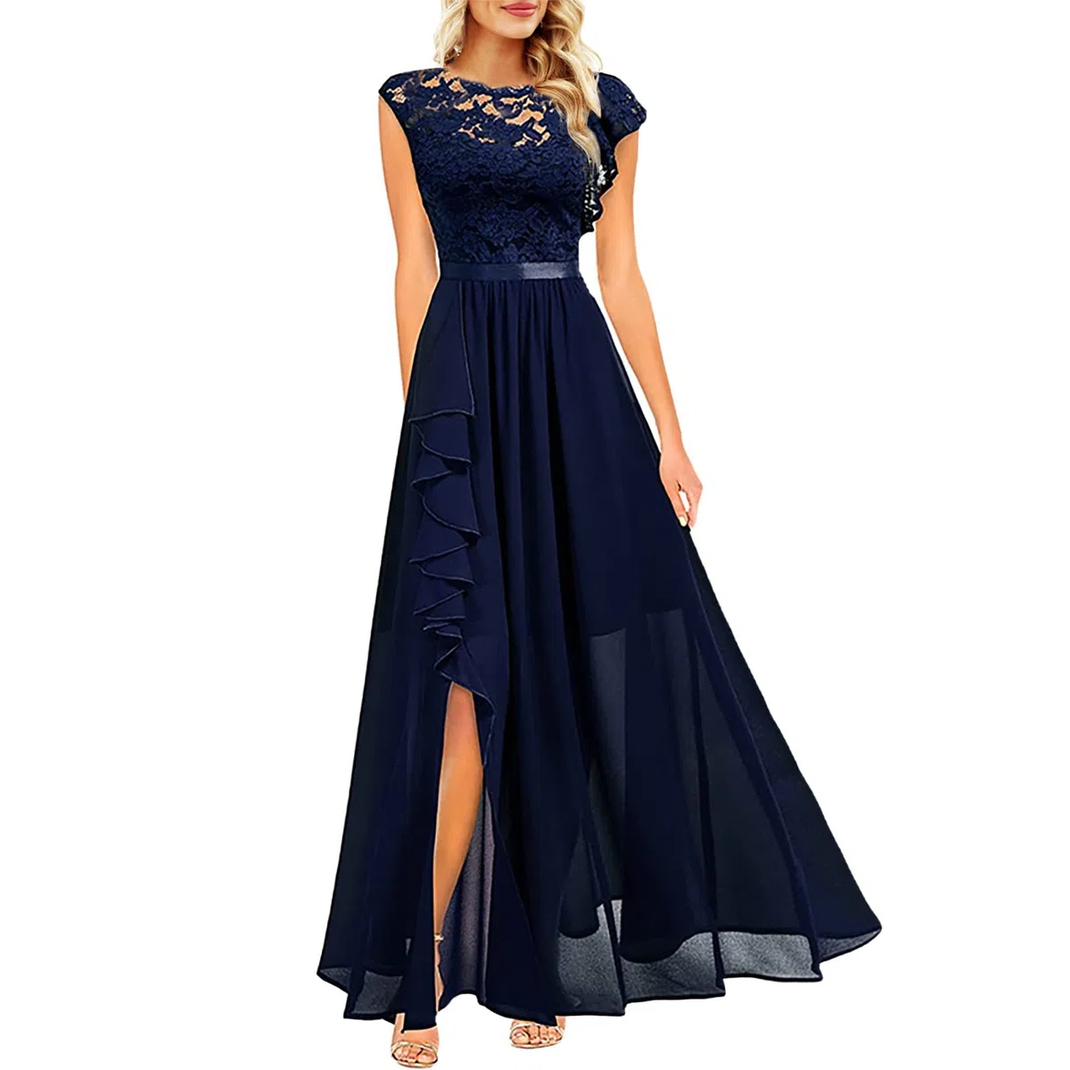 Générique Robe Femme Sexy Fendue Soirée Cocktail Longue Chic Élégante Mariage Cérémonie Col en V sans Manches Fête A41