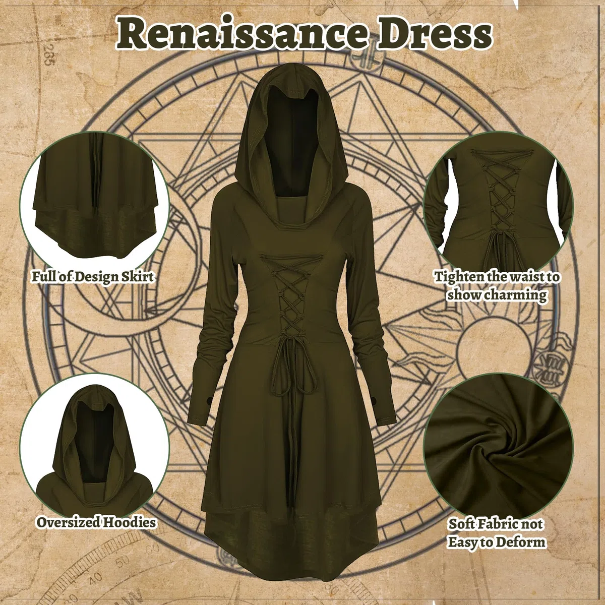Costume d'elfe Renaissance pour femme, vêtements médiévaux gothiques, robe à capuche avec corset et accessoires de ceinture pour fêtes d'Halloween