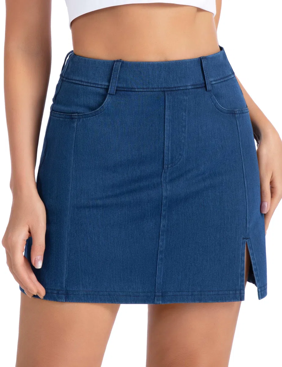 THE GYM PEOPLE Jupe-short en jean extensible pour femme, coupe ajustée, fente latérale, jupe décontractée en jean avec poches