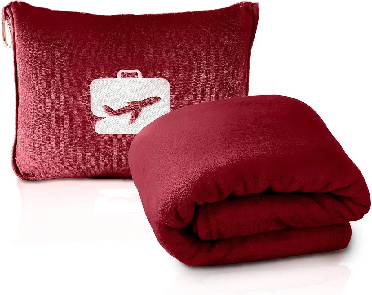 EverSnug Couverture et Oreiller de Voyage - Couverture d'avion Douce 2 en 1 de qualité supérieure avec taie d'oreiller Douce, Housse pour Bagage à Main et Clip pour Sac à Dos (Bordeaux)