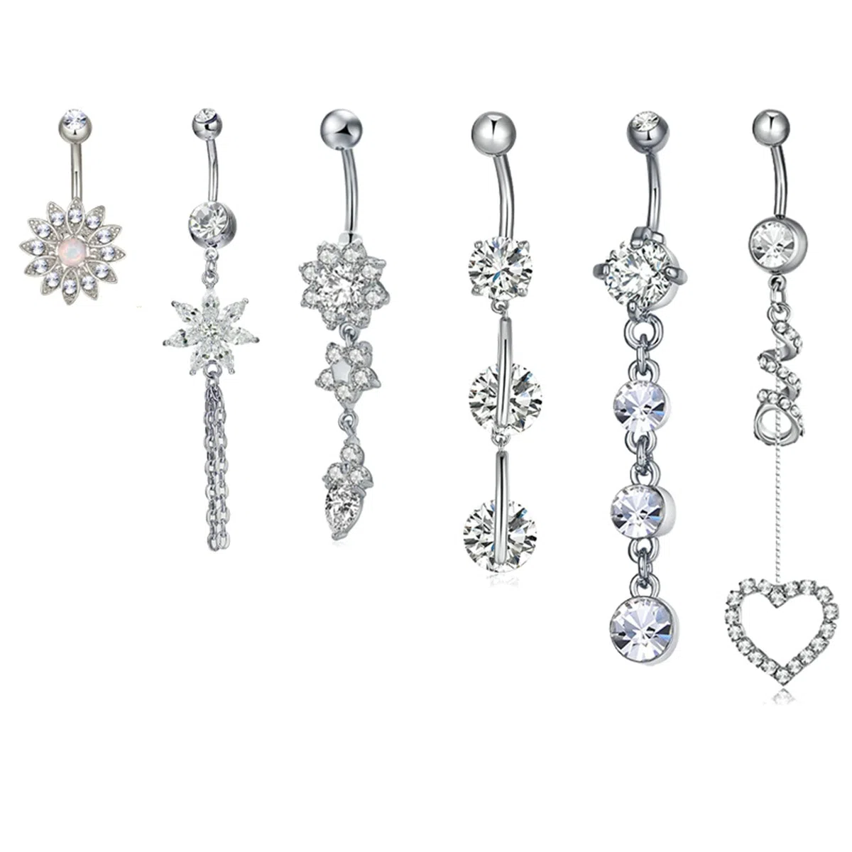 Lot de 6 piercings de nombril en acier inoxydable et oxyde de zirconium 14 g