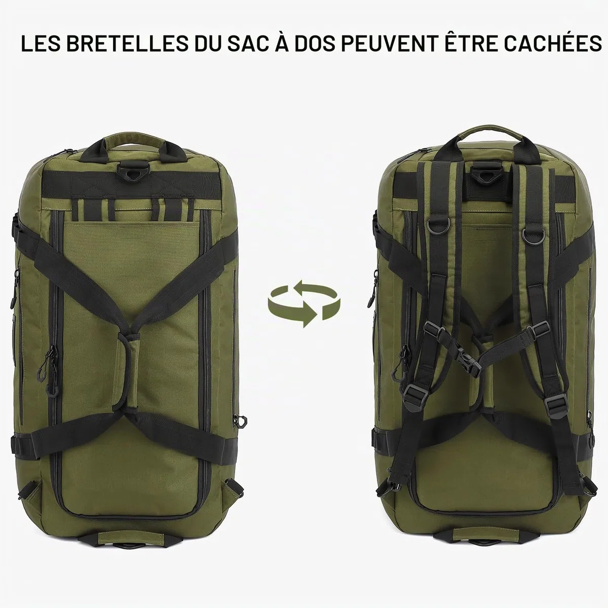 TUGUAN Grande Sac de Voyage Homme 100L XL Sac de Sport Femme 3 en 1 Sac à Dos, Sac à Main & Bandoulière Imperméable pour Randonnée Camping Voyage, Vert