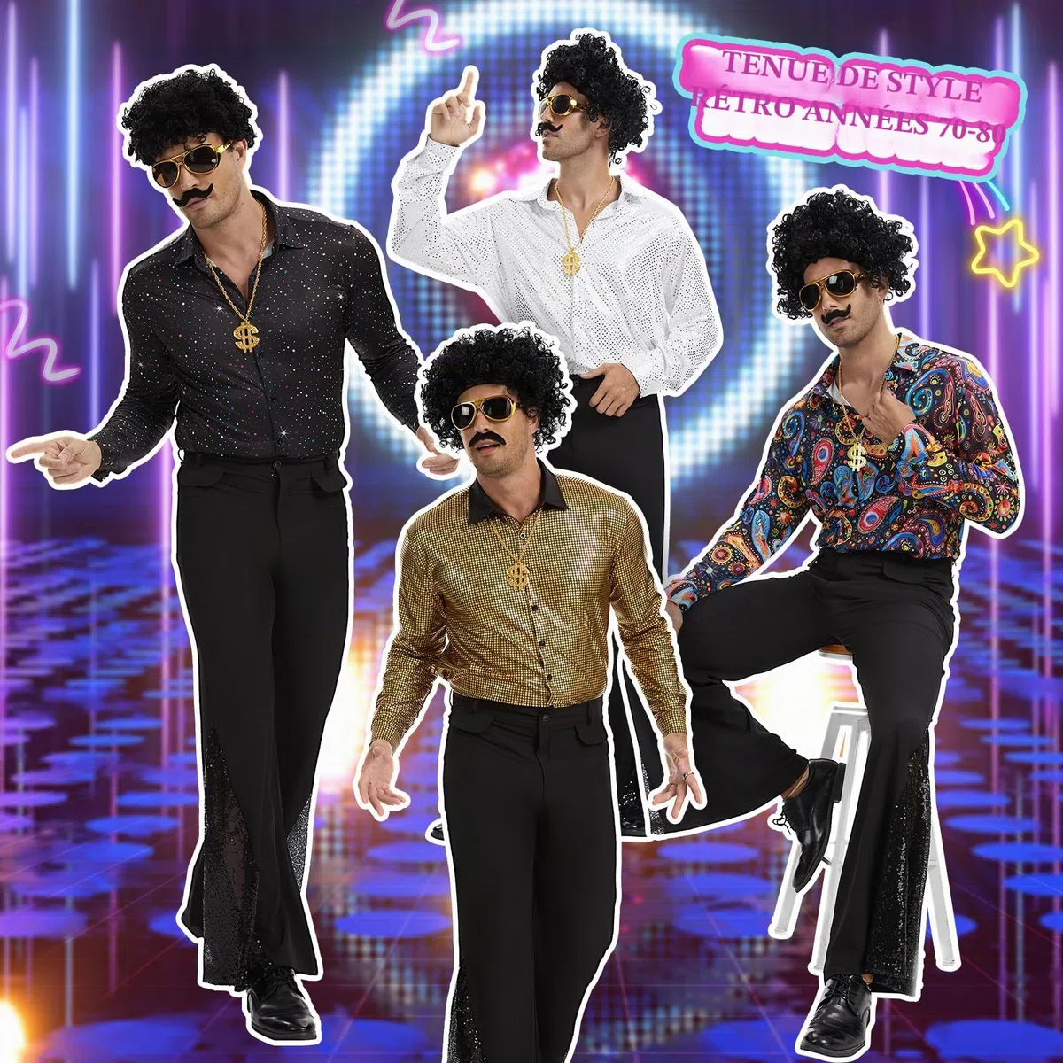 Costume hippie disco pour adultes - Tenue rétro années 70-80 avec chemise, pantalon, perruque afro, collier, lunettes de soleil et autocollant pour barbe
