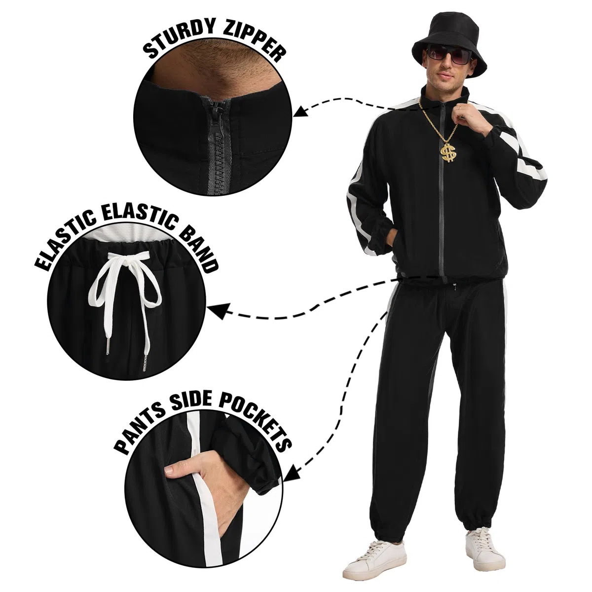 Tenue des années 80 pour homme - Survêtement rétro des années 90 - Avec vêtements hip hop - Pour carnaval, fête disco