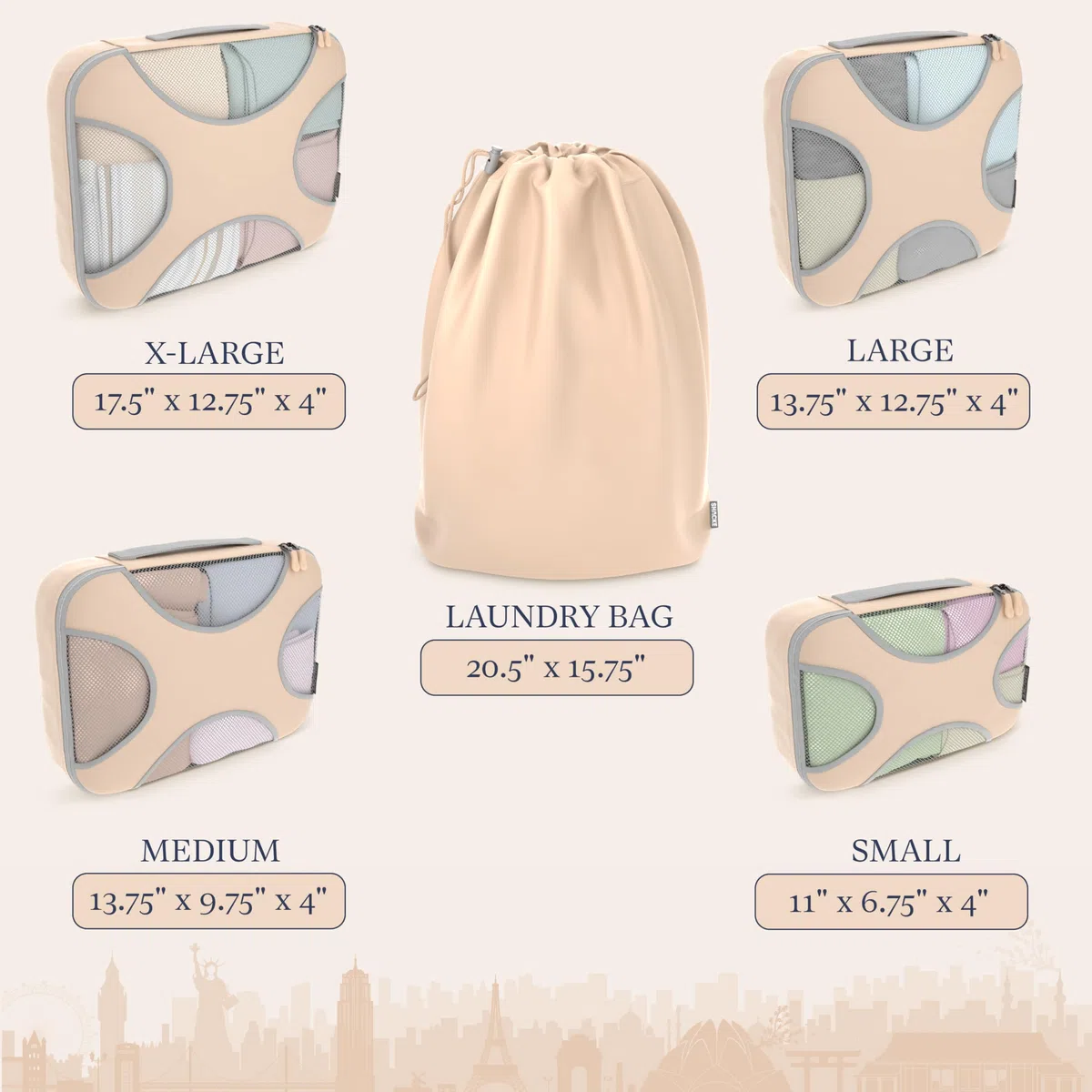 Shacke - Lot de 5 cubes de voyage légers pour organisation de bagages (beige neutre)