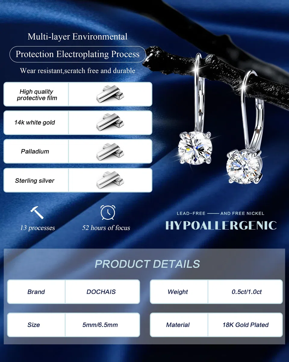 DOCHAIS Moissanite Boucles d'Oreilles Femme Argent 925 0.5ct-1.0ct Hypoallergéniques Boucles d'Oreilles Femme Pendantes Bijoux Argent Saint Valentin Anniversaire Cadeaux