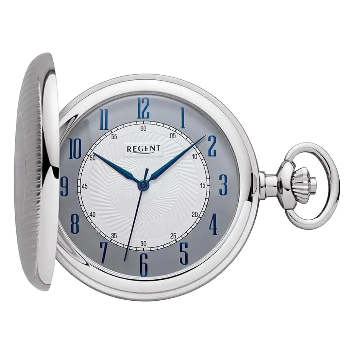 REGENT Savonnette Montre de poche pour homme avec couvercle à rabat chromé 50 mm à quartz blanc et cadran gris chiffres arabes