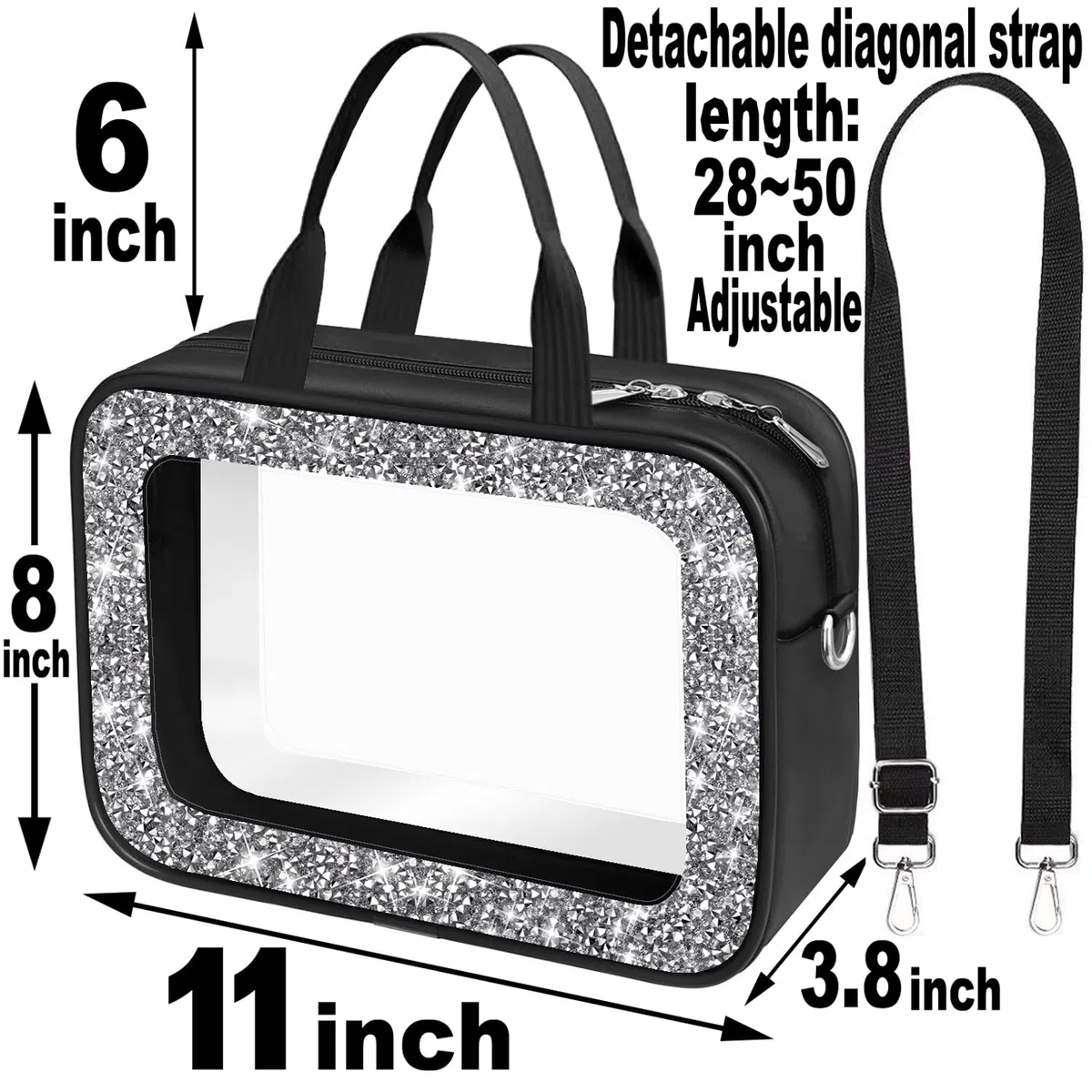 Meetart Trousse de toilette de voyage en cuir avec strass écrasés, Noir diamant, Tendance