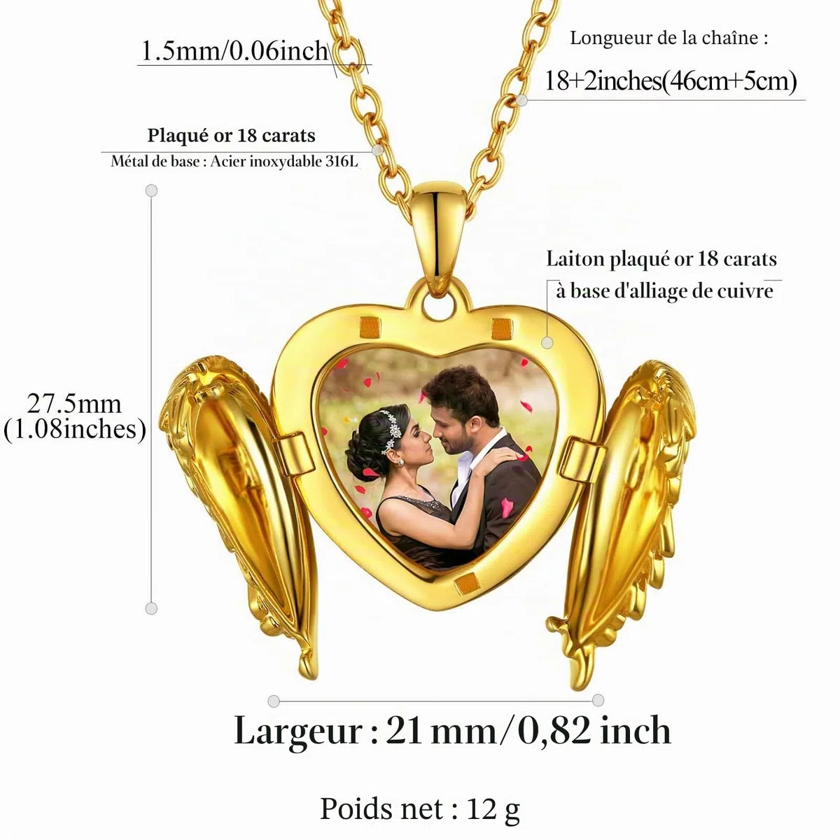 FindChic Personnalisé Photo Collier Coeur pour Femme Cuivre/Acier Inoxydable, Charm Aile d'Ange Pendentif Amour Prénom Personnalisable Enfant Maman Bijoux Noël