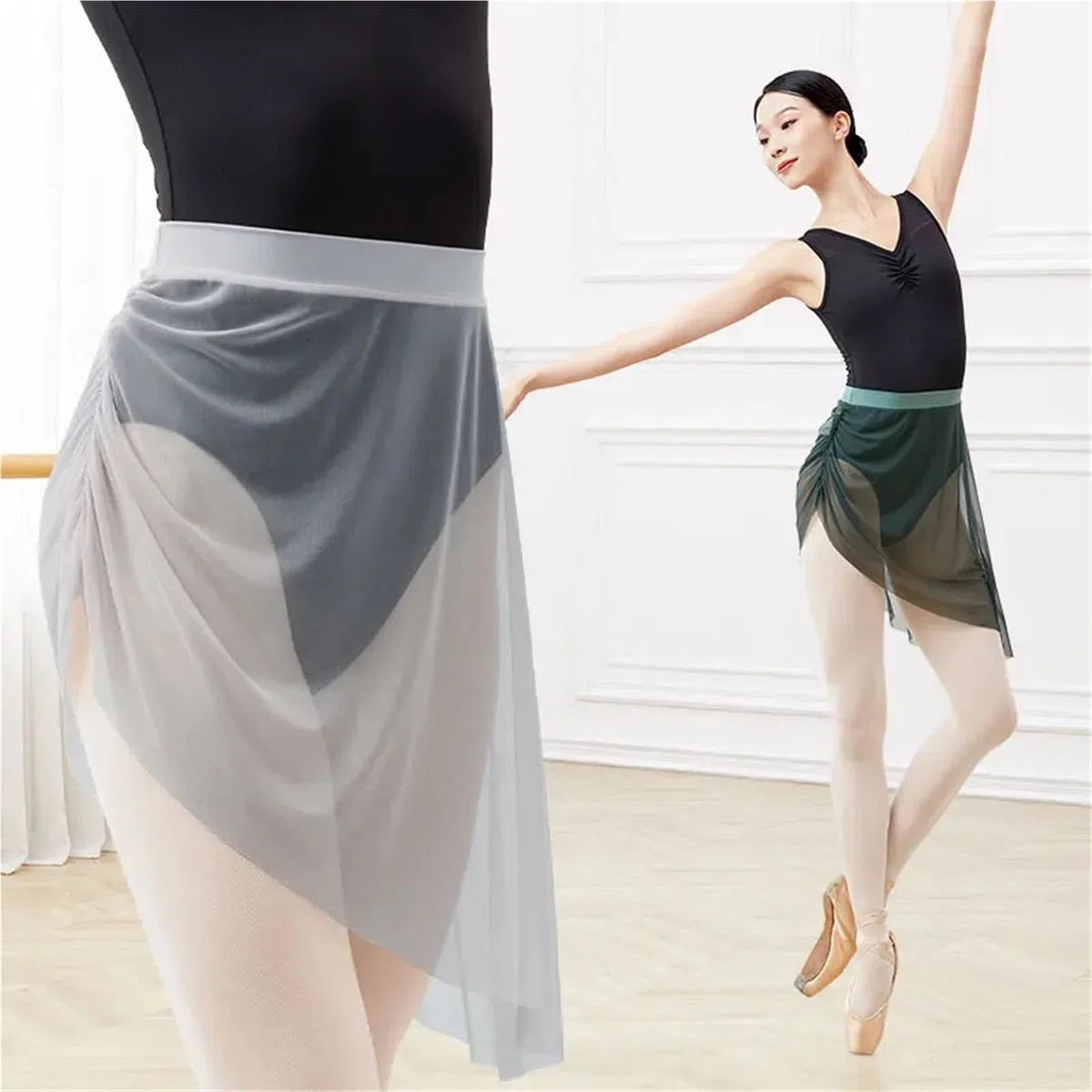Jupes de ballet for femmes, jupes danse irrégulières en maille souple pliées sur le côté, robe élastique for filles adultes, ballerine nylon et tulle Pour Femmes