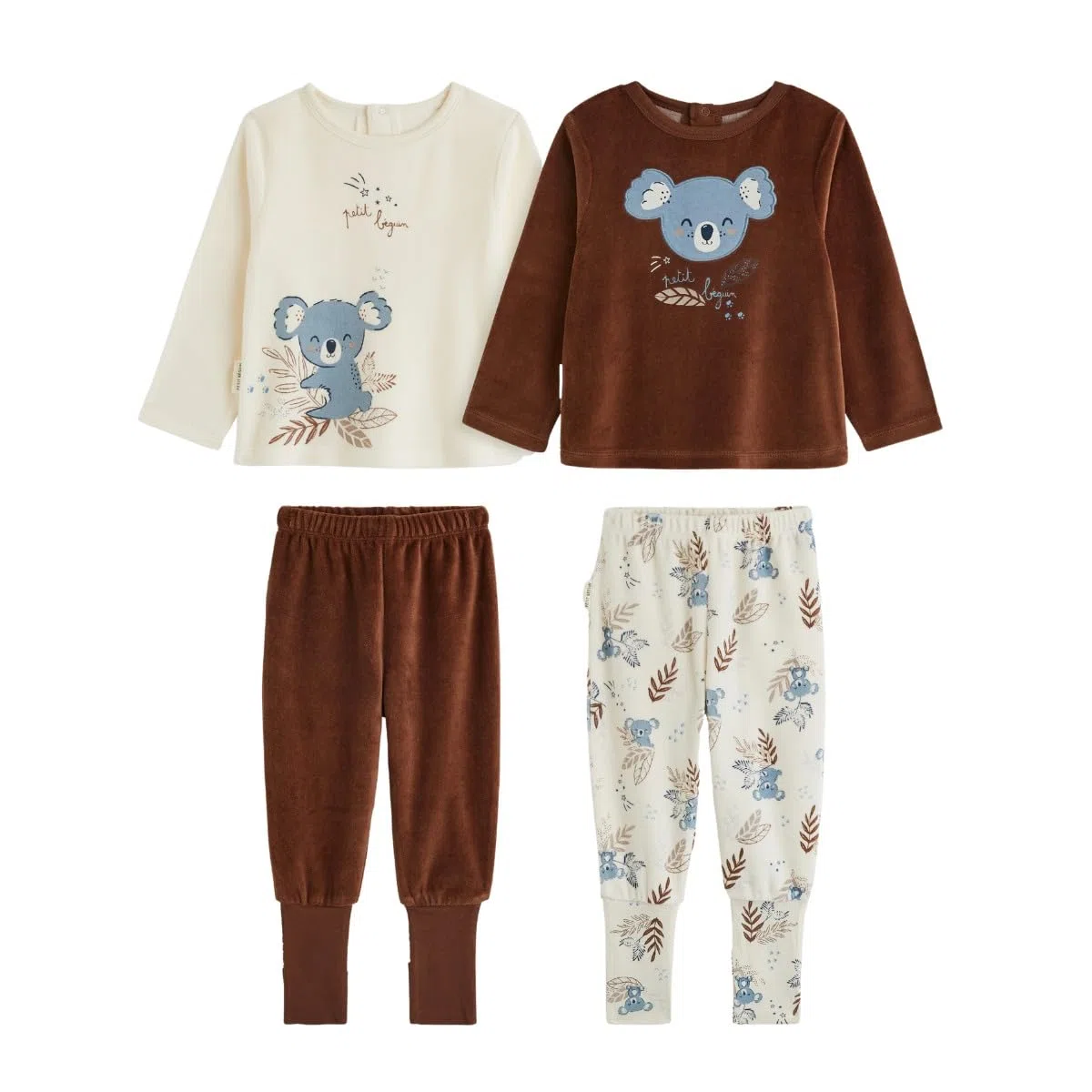 Petit Béguin - Lot de 2 Pyjamas bébé 2 pièces en Velours à Pieds Retroussables Mathéo