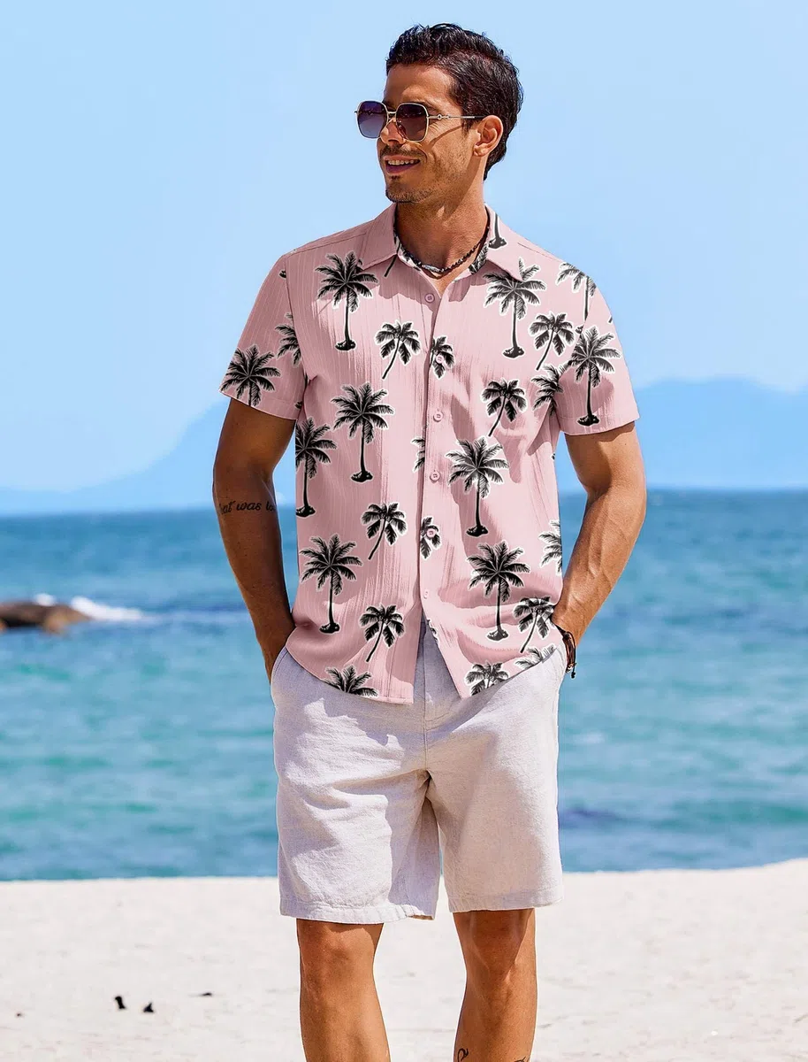 COOFANDY Chemises décontractées boutonnées à manches courtes pour homme - Chemises d'été texturées pour la plage