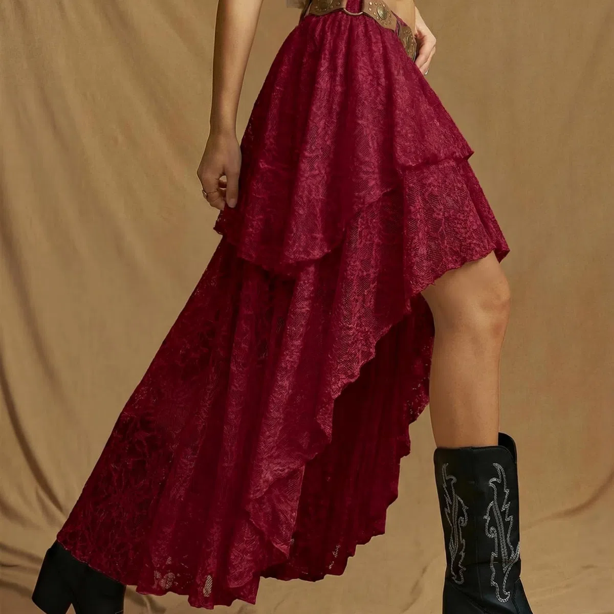 Générique Jupe Longue à Volants en Dentelle et Tulle superposés pour Femme, Coupe trapèze, Style bohème, Ourlet Tendance, idéale pour Les Sorties. (Burgundy,TG)