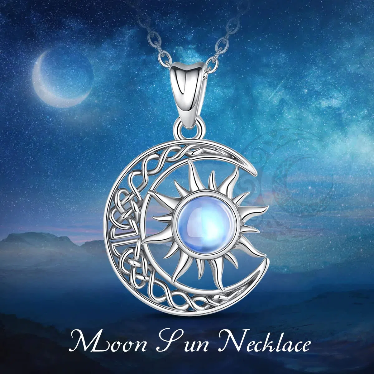 AEONSLOVE Collier Chat et Lune pour Femme Fille, Collier Soleil et Lune Pendentif Pierre de Lune Argent 925, Bijoux Amoureux des Chats Cadeaux Cosmiques et Astrologiques