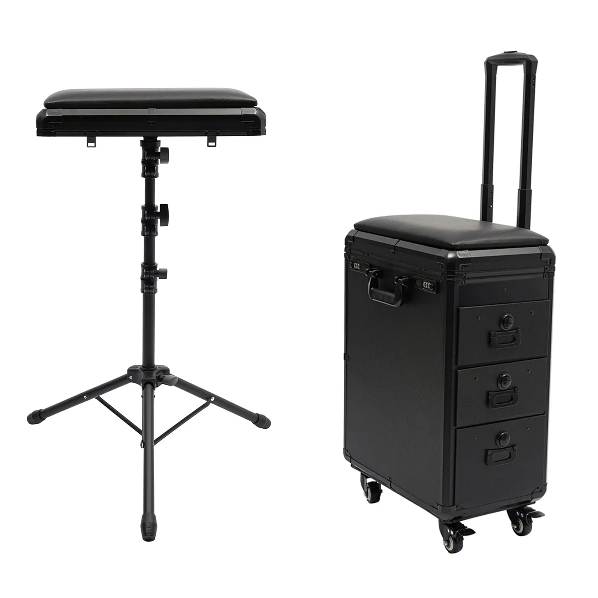 Valise cosmétique à roulettes avec support d'accoudoir et tôle métallique - Mallette de tatouage avec 3 tiroirs - Mallette de maquillage professionnelle - Table de tatouage - Table de beauté