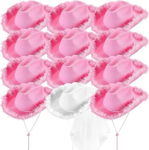 MALLOOM 12 Chapeau de cowgirl rose - Chapeau de cowboy rose pour femmes et adolescentes, chapeau de cowgirl amusant, cowgirl (Fil rose, blanc et argenté)