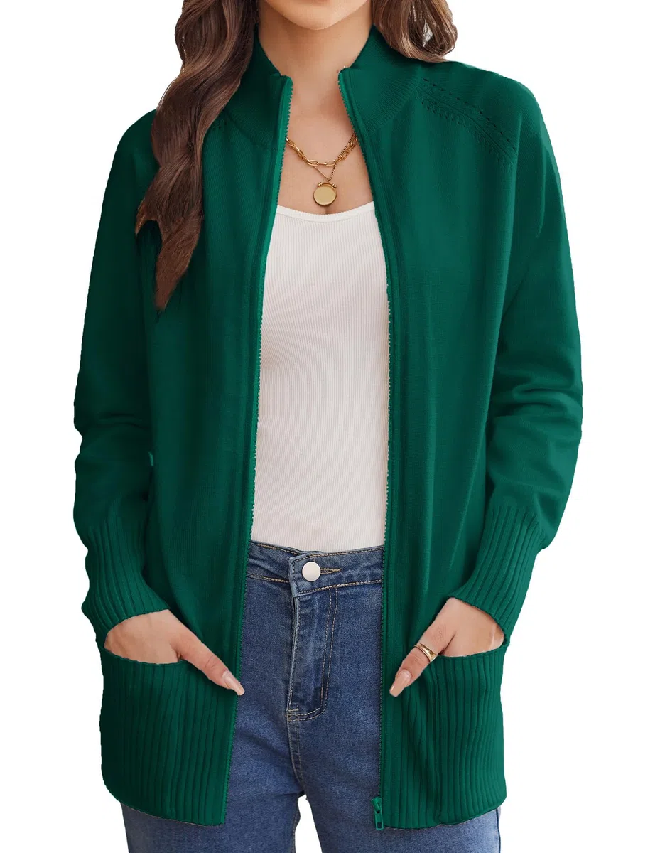 GRACE KARIN Gilet Long Femme Manche Longue Zip-up Cardigan Col Montant Elegant Décontracté